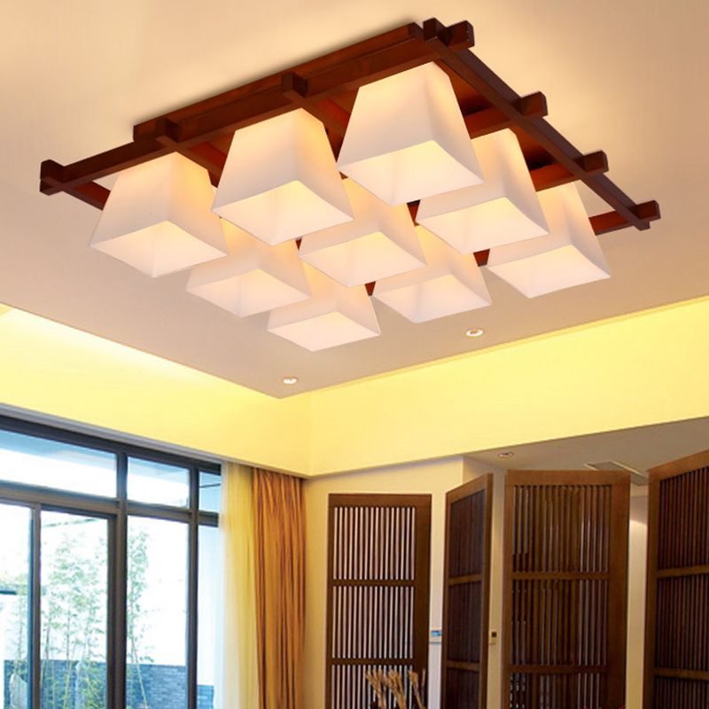 Red Brown Checkered Ceiling Fixture Modern Wooden Flush Mount Light with White Glass Shade