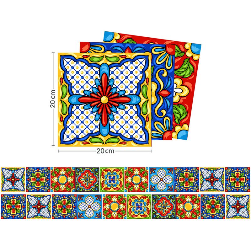 Exotic Tribal Pattern Stick Wallpaper Panel for Kitchen, Red-Yellow-Blue, 8' x 8"