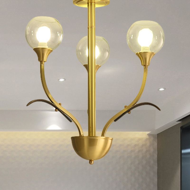 Ball Clear Glass Flushmount Lighting Vintage 3/6 Heads Sitting Room Semi Flush Chandelier in Brass