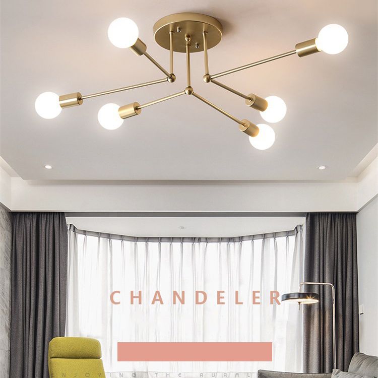 Sputnik Metal Semi Flush Ceiling Light in Industrial Vintage Style Bare Bulb Indoor Ceiling Light