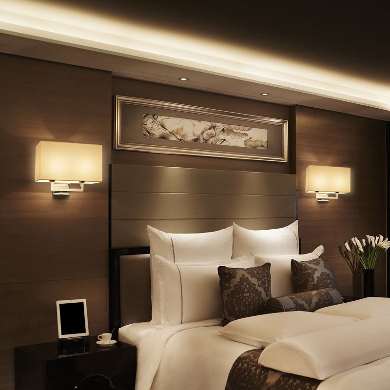 Rectangular Fabric Wall Light Fixture Contemporary 2 Heads Chrome Wall Mounted Lamp