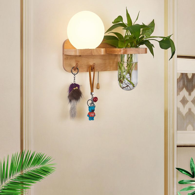 Modern Wooden Wall Sconce Simple Wall Light with Glass Shade without Plants