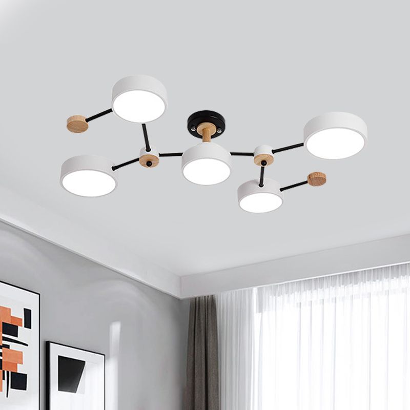 White/Grey Round Shade Ceiling Lamp Nordic 5 Bulbs Iron Semi Flush Mount Fixture with Vine Design