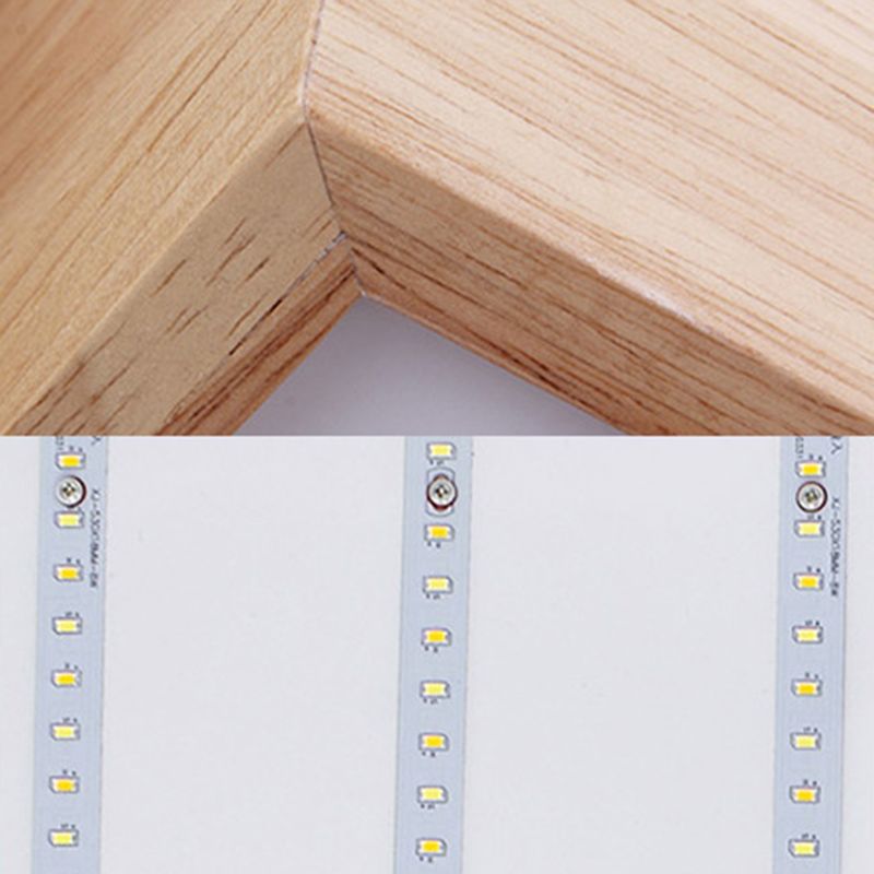 Spleißen von Quadraten in der Nähe der Deckenleuchte. Einfache LED-Schlafzimmer-Deckenleuchte aus Holz aus Holz