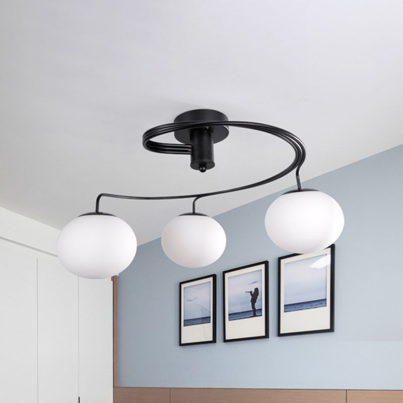 Globe Semi Flush Modernist Milk Glass 3 Heads Black Ceiling Mount Light Fixture for Bedroom