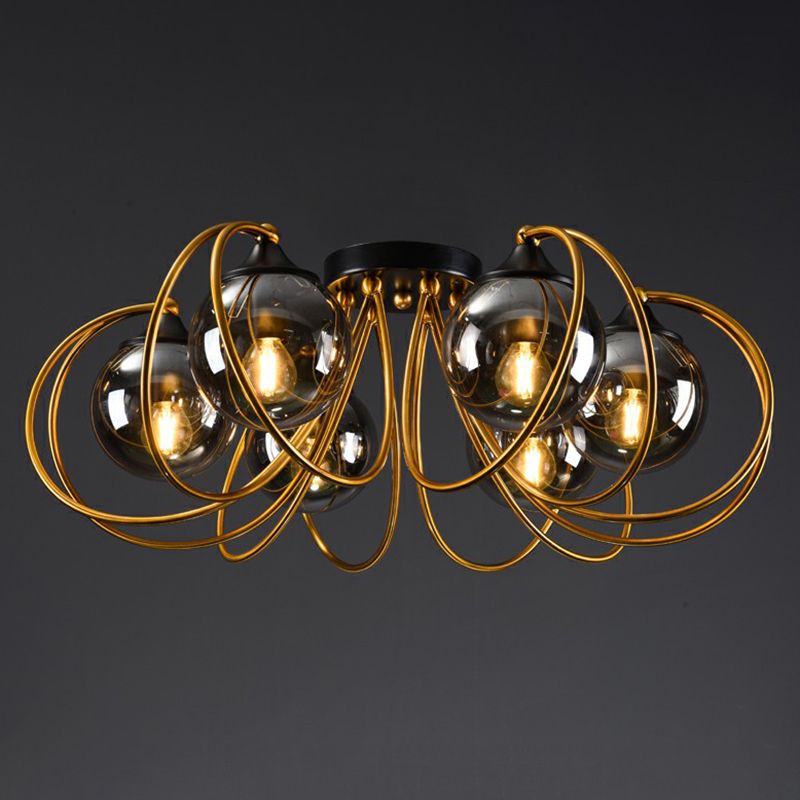 Brass Finish Floral Semi-Flush Ceiling Light Postmodern Glass Flushmount Lighting for Living Room