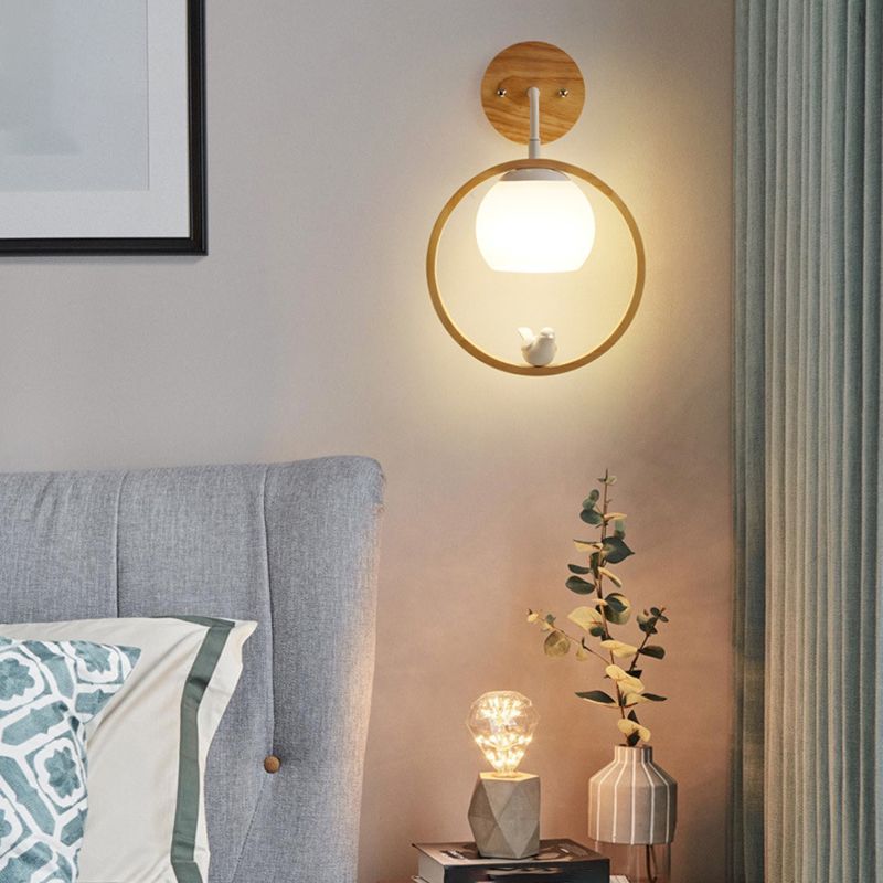 White Globe Shaded Wall Light Contemporary Wood Lighting for Foyer