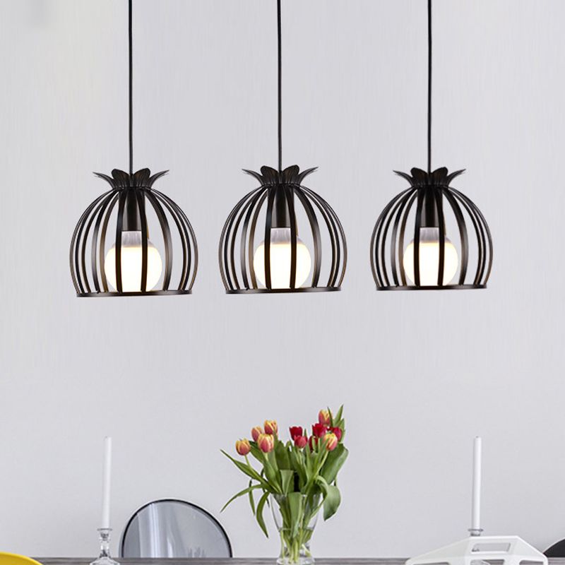 3 Heads Pendant Lighting with Dome Cage Shade Metallic Loft Style Dining Room Suspended Lamp in Black/White