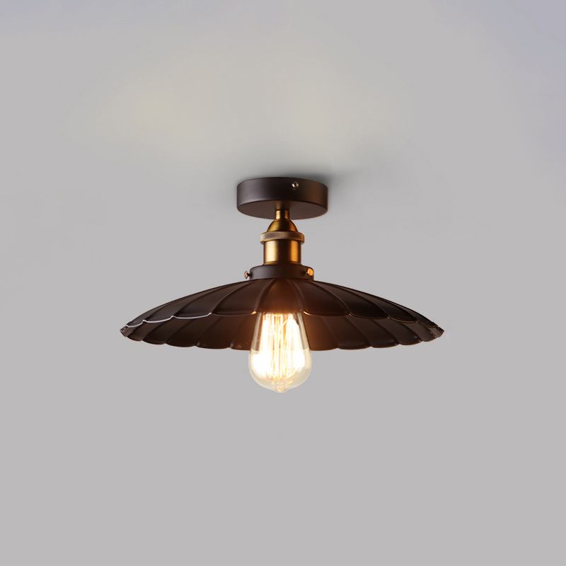 1 Light Round Shade Semi Flush Mount Light Industrial Iron Ceiling Lamp