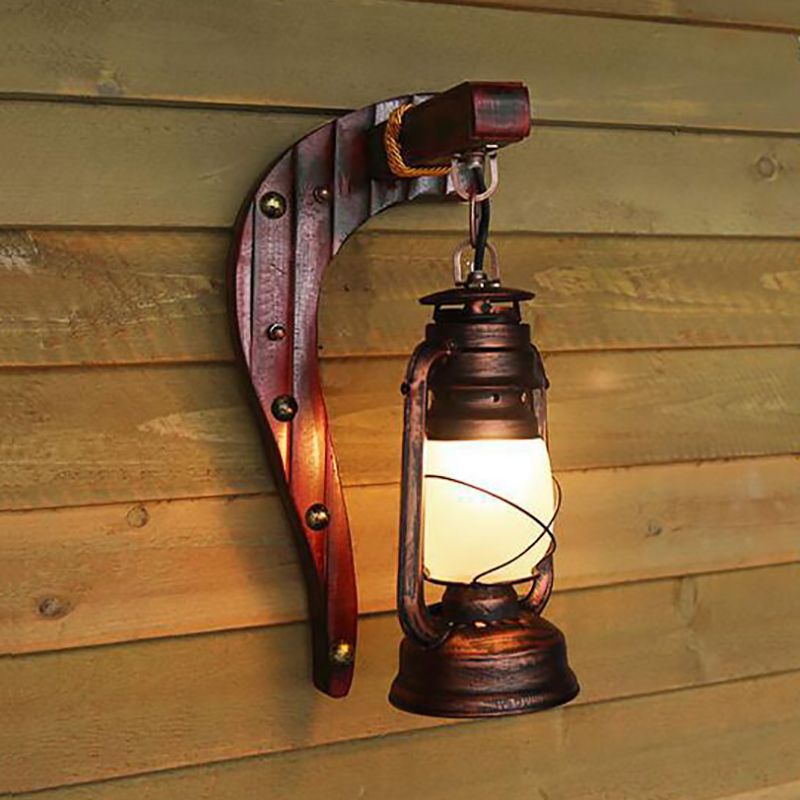Rame antico una luce leggera leggera leggera rustica in vetro di vetro di cherosene illuminazione con retro in legno