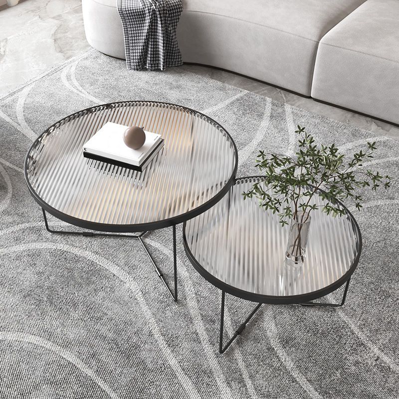 Contemporary Cross Legs Glass Round Metal Nesting Coffee Table Set
