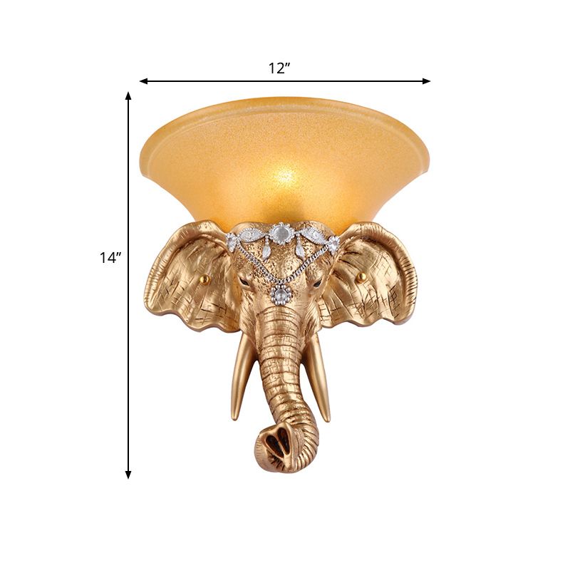1 Bulb Resin Sconce Lamp Retro Style Golden Elephant Head Bedroom Wall Light with Flared Yellow Glass Shade