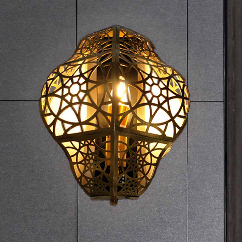Brass Hollow-Out Sconce Light Arab Metallic 1 Bulb Corner Wall Mount Lamp Fixture