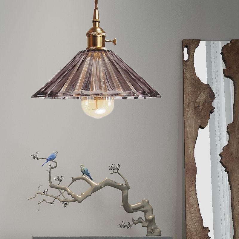 Scalloped Living Room Pendant Lamp Antiqued Grey/Orange/Blue Prismatic Glass 1 Bulb Brass Hanging Light Kit