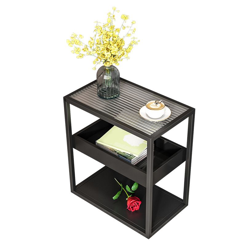 Glass Top Sofa Side Accent Table 21.25" High Frame End Table with Shelves