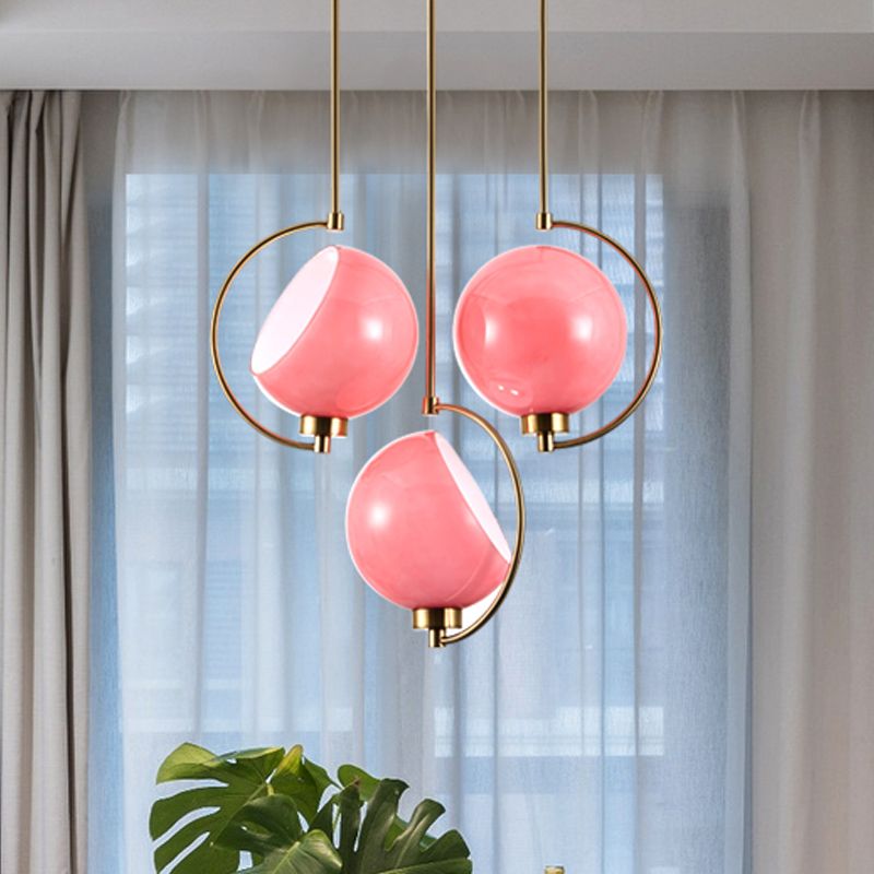 Kit di luce sospesa emisferica Macaron Rosa a mano in vetro a testa 1 ciondolo per caduta con braccio curvo