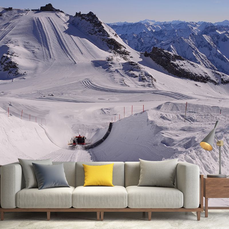 Snow Mountain Construction Mural Wallpaper Modern Non-Woven Wall Decor in Grey-Blue