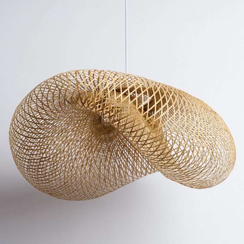 Hat Shape Dinning Room Pendant Lighting Fixture Bamboo Modern Hanging Lamp Kit in Beige