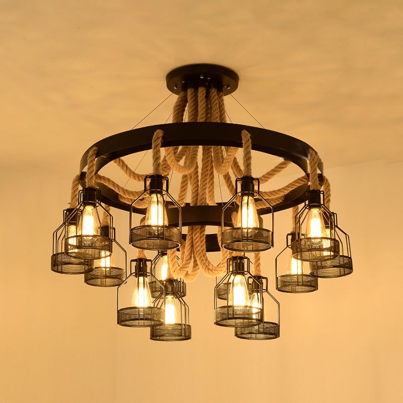 Chandelier Lamp Industrial Cage Metal Hanging Light with Hanging Rope for Dining Room