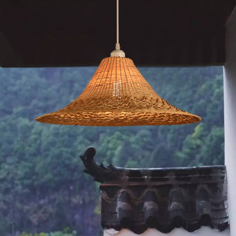 Straw Hat Ceiling Light Asian Style Bamboo 1 Bulb Restaurant Hanging Light Fixture in Wood