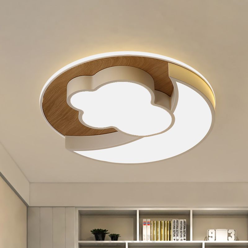Cartoon Crescent and Cloud Flush Light Iron Child Bedroom LED Flush Mount Recessed Lighting in Blue/Wood