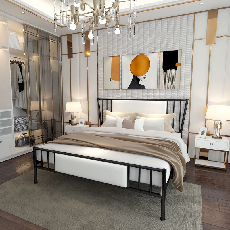 White Upholstered Bed with Headboard Low Profile Bed with Metal Legs