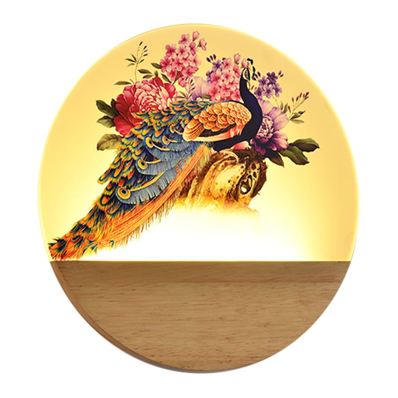 Circular Peacock/Blossoms Wall Mural Lamp Asia Style Acrylic LED Wood Wall Mount Light Fixture for Bedroom