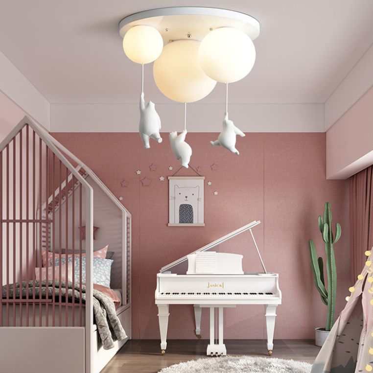 White Globe Ceiling Light in Kids Style artistique Resin Bear Flush Mount with Glass Shade