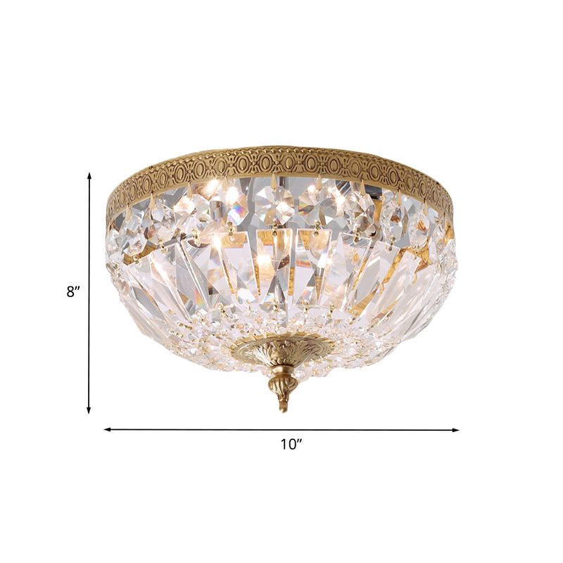 Post Modern Bowl-Shape Flush Lighting Beveled Crystal Strand 2 Bulbs Bedroom Ceiling Mounted Lamp in Brass