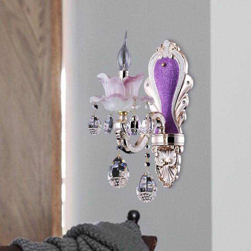 Frosted Glass Purple Wall Lighting Ruffle 1/2-Bulb Modern Style Wall Sconce Light with Teardrop Crystal Drops