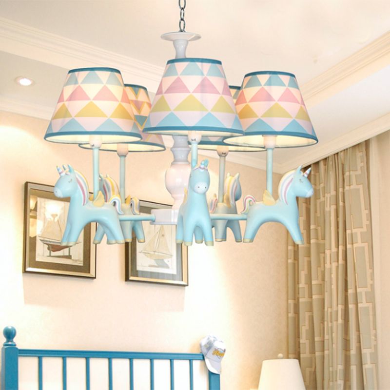 Tapered Shade Child Room Suspension Light Patterned Fabric Kids Chandelier Light with Decorative Unicorn