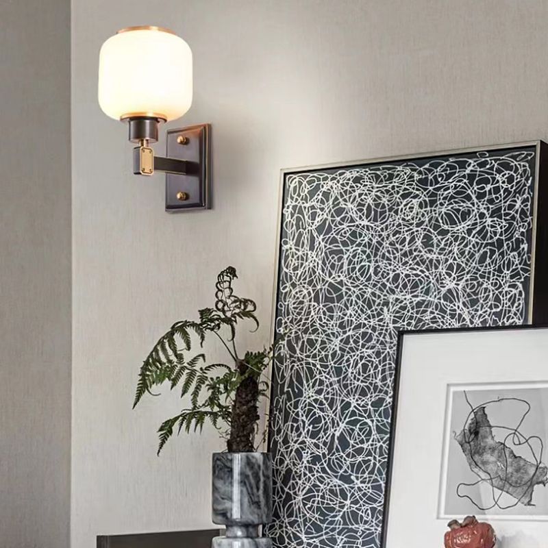 Modern Metal Wall Sconce Lantern Shape Wall Light with Glass Shade for Bedroom