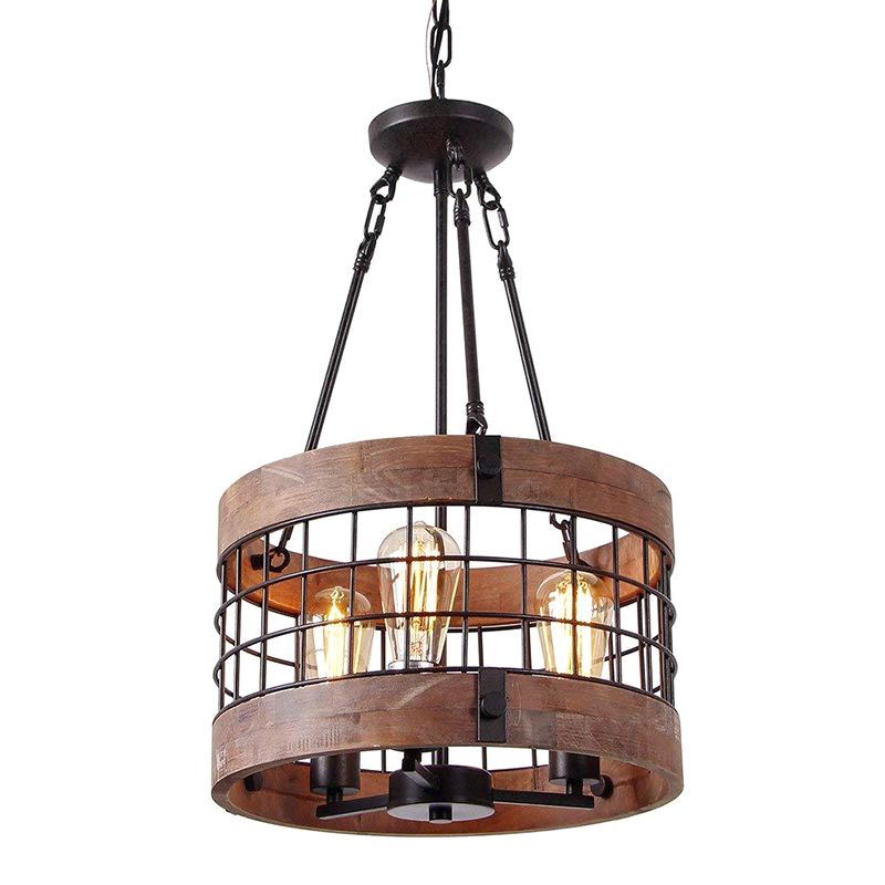Brown Grid Cage Drum Chandelier Rustic Metal Dining Room Suspension Pendant Light
