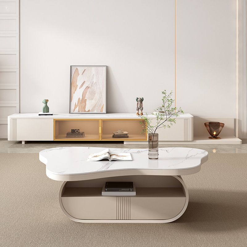 Contemporary Geometric Cocktail Table Stone White Coffee Table