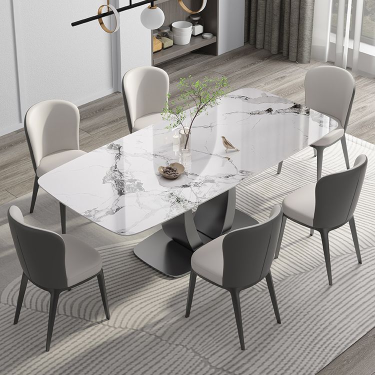 Rectangular Stone Top Dining Table Double Pedestal Metal Base for Living Room
