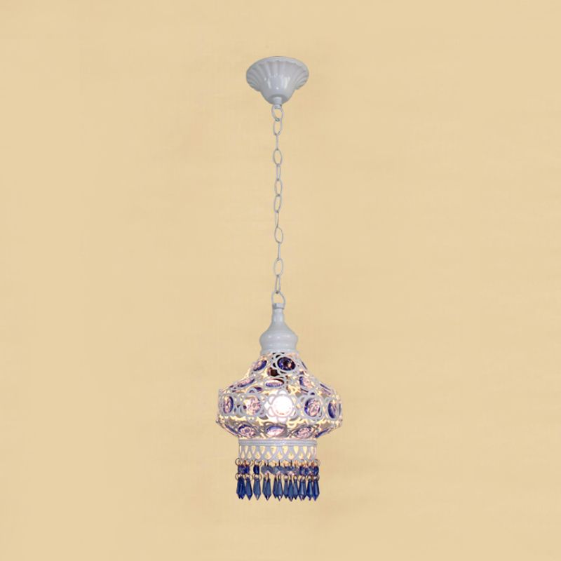 Lantern Metal Ceiling Pendant Bohemian 1 Light Living Room Hanging Ceiling Light in White/Blue