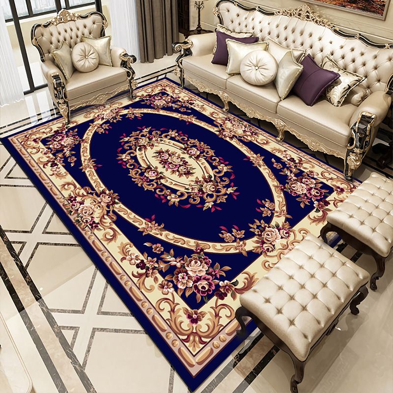 Navy Medallion Indoor Rug Polyester Classic Area Carpet Non-Split Backing Rug for Indoor Room