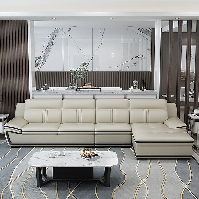 Tufted Pillow Top Arm Sectional Modernism Beige Genuine Leather Sofa&chaise