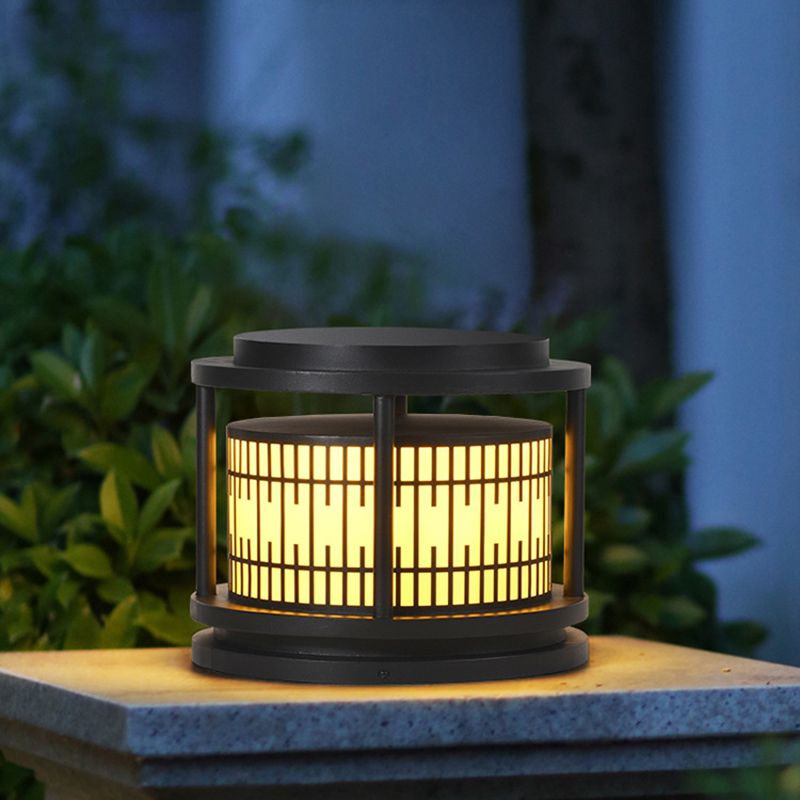 Modern Metal Solar Pillar Lamp Round Shape Outdoor Waterproof Light in Black