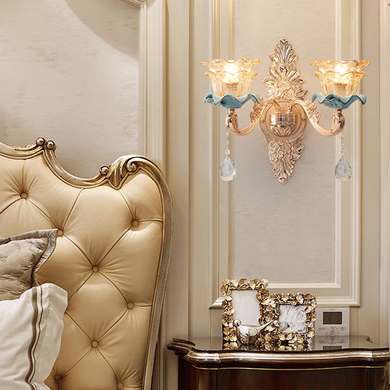 Bruin glazen bloemen ruches wandlamp barmonus vintage gang muur gemonteerde lamp met hangend kristal in goud