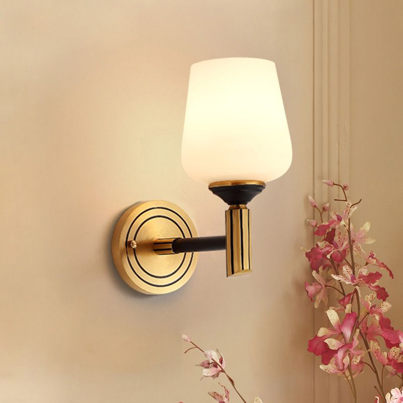 Vintage Conical Wall Light 1/2-Head Frosted Glass Wall Sconce Lighting in Black-Gold for Foyer