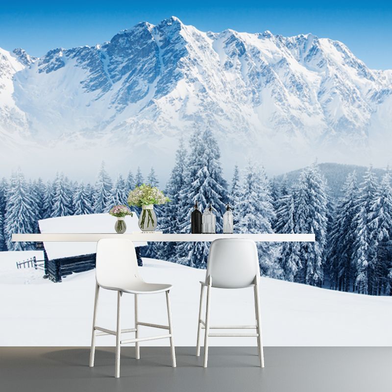 Lonely Forester Cabin Mural Wallpaper for Home Snowy Mountain Landscape Wall Covering, Custom Made