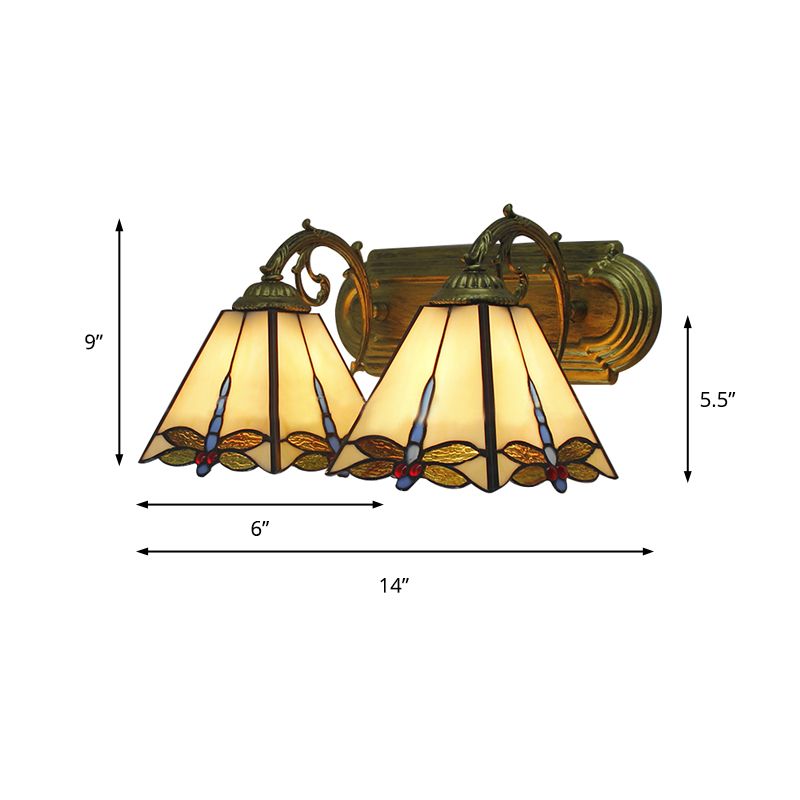 Lodge Wall Sconce Light with Dragonfly Pattern 2 Heads Stained Glass Wall Mount Light in Black/Bronze