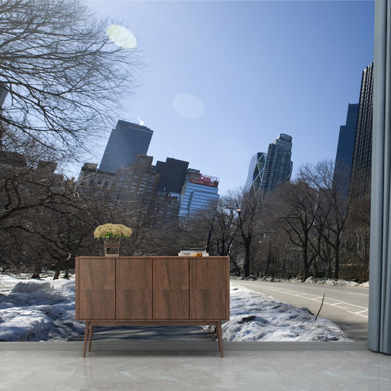 Contemporary Winter Street Scene Mural Brown Moisture Resistant Wall Art for Living Room