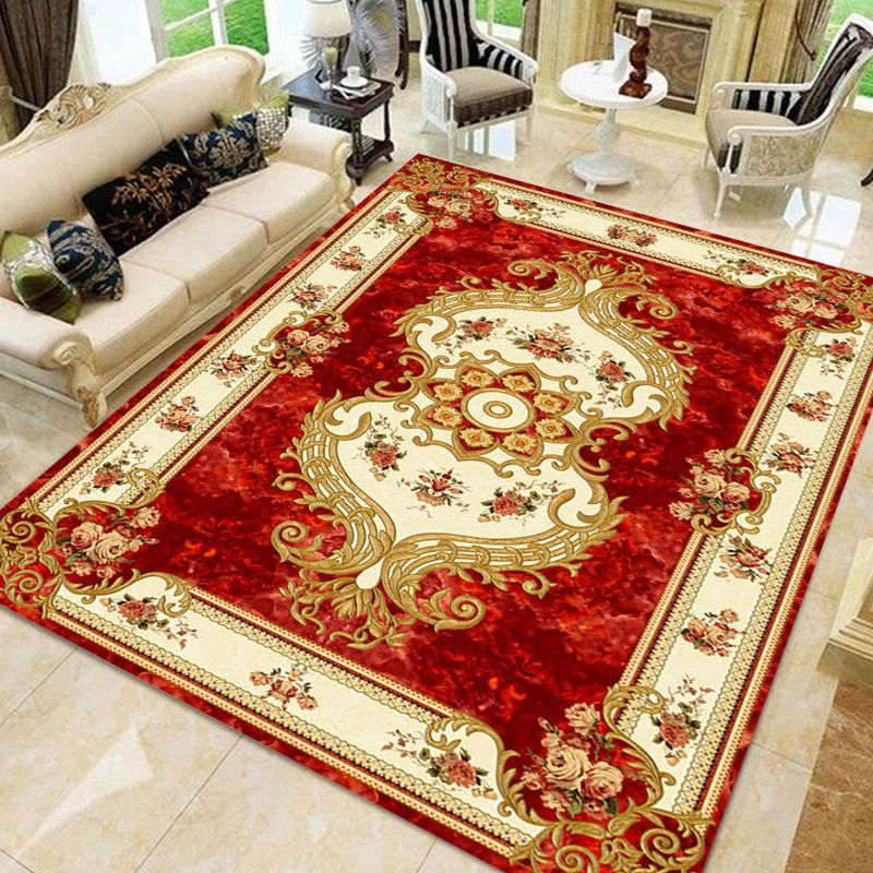 Red Medallion Rug Polyester Luxury Area Rug Non-Slip Backing Rug for Home Decor