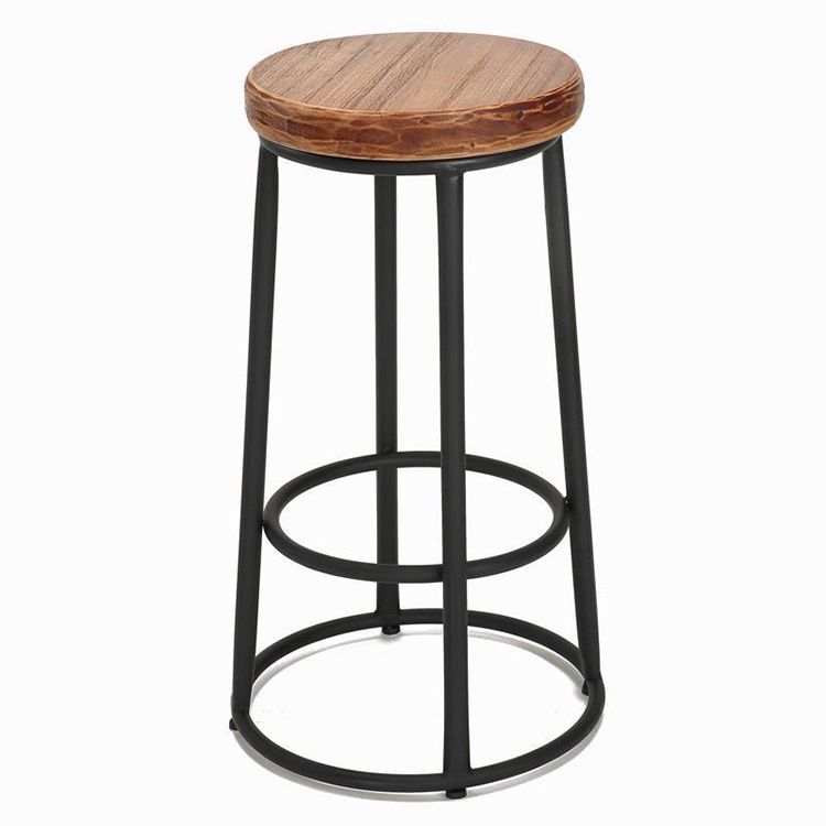 Brown Wood Backless and Armless Stool Industrial Bar and Counter Stool with Iron Legs