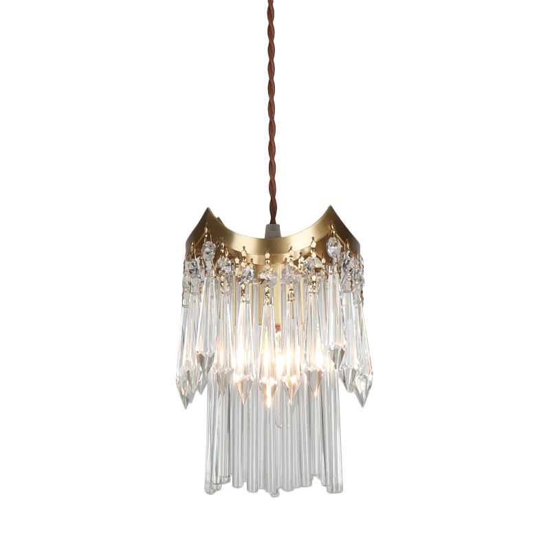 Brass 1-Head Pendulum Light Minimalist Crystal Prism and Tube 2-Tier Hanging Ceiling Lamp
