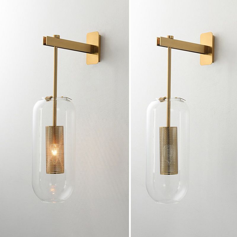 Moderno gambo in metallo applione da parete sospeso in vetro trasparente oblungo vetro a 1 bulbo sconde da parete