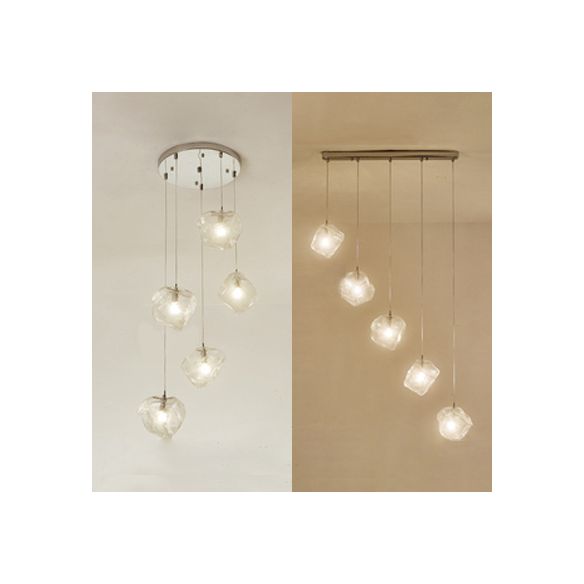 Rock Clear Glass Cluster Pendant Contemporary 5/6/8 Lights White Led Hanging Light Fixture with Round/Linear Canopy