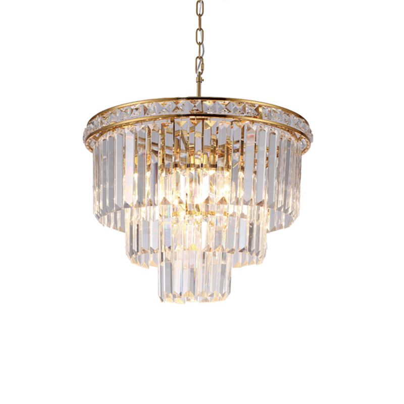 Luce a soffitto a quattro livelli moderni sfaccettate di cristallo ottico a 6 luci Luce lampadario in ottone, larghezza 19,5 "/23,5"